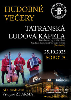 Hudobné večery: TATRANSKÁ ĽUDOVÁ KAPELA (živá hudba)🎧